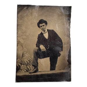 Antique 19th Century Tintype Photograph Of Dapper Young Gentleman Hat & Bow Tie